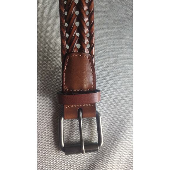 Vintage Brown Braided Mens Vegan Faux Leather Brown Belt 40, Silver Buckle, VTG - Picture 2 of 6